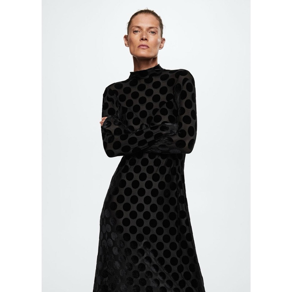 Mango Black Long Sleeve Velvet Polka Dot Turtleneck Maxi Dress NWT L Large